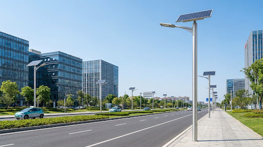 Modern municipal solar street lighting along a clean city road