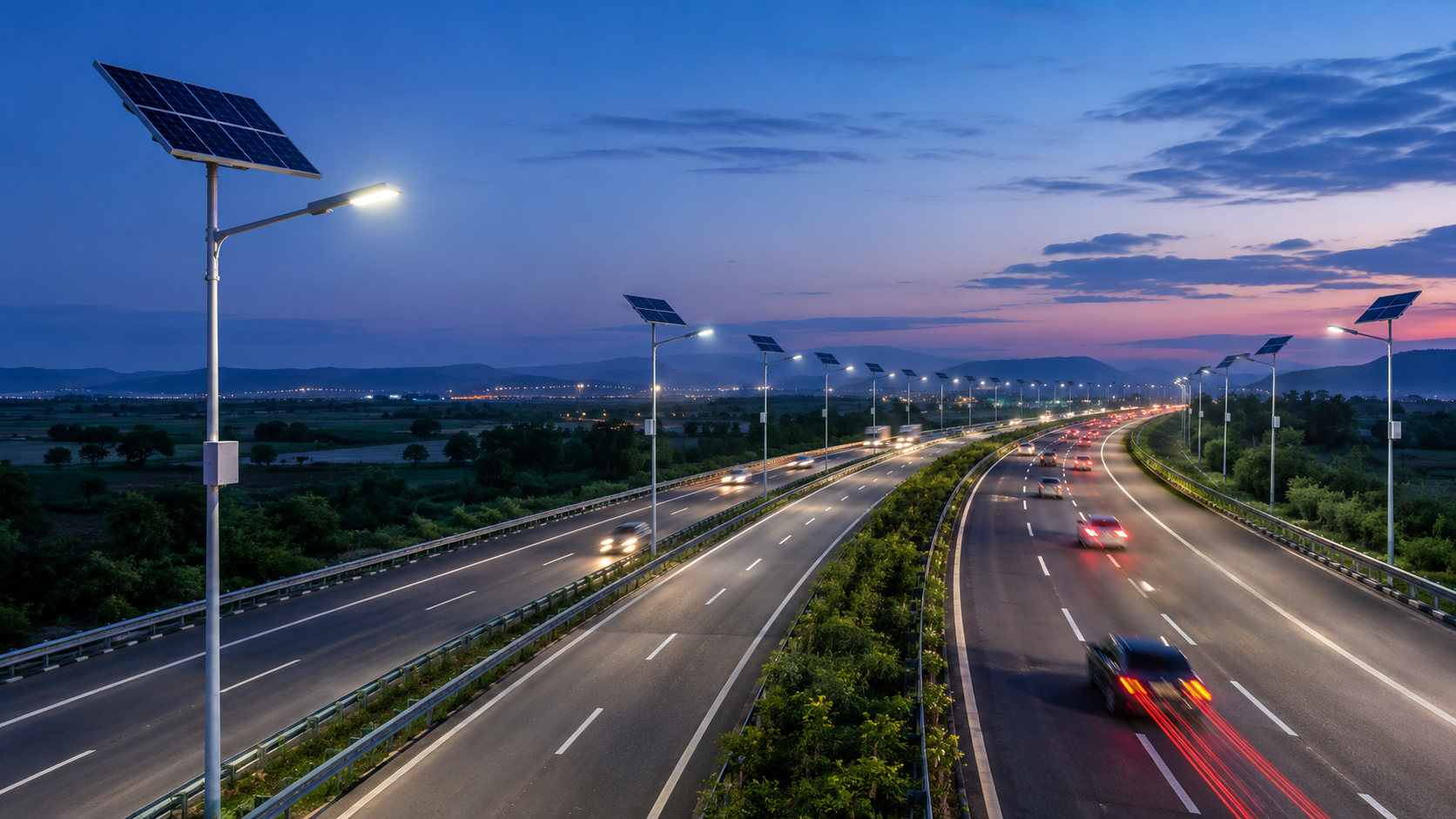 Modern municipal solar street lighting along a clean city road