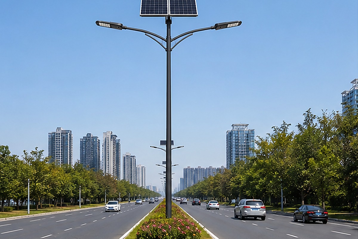 Modern municipal solar street lighting along a clean city road