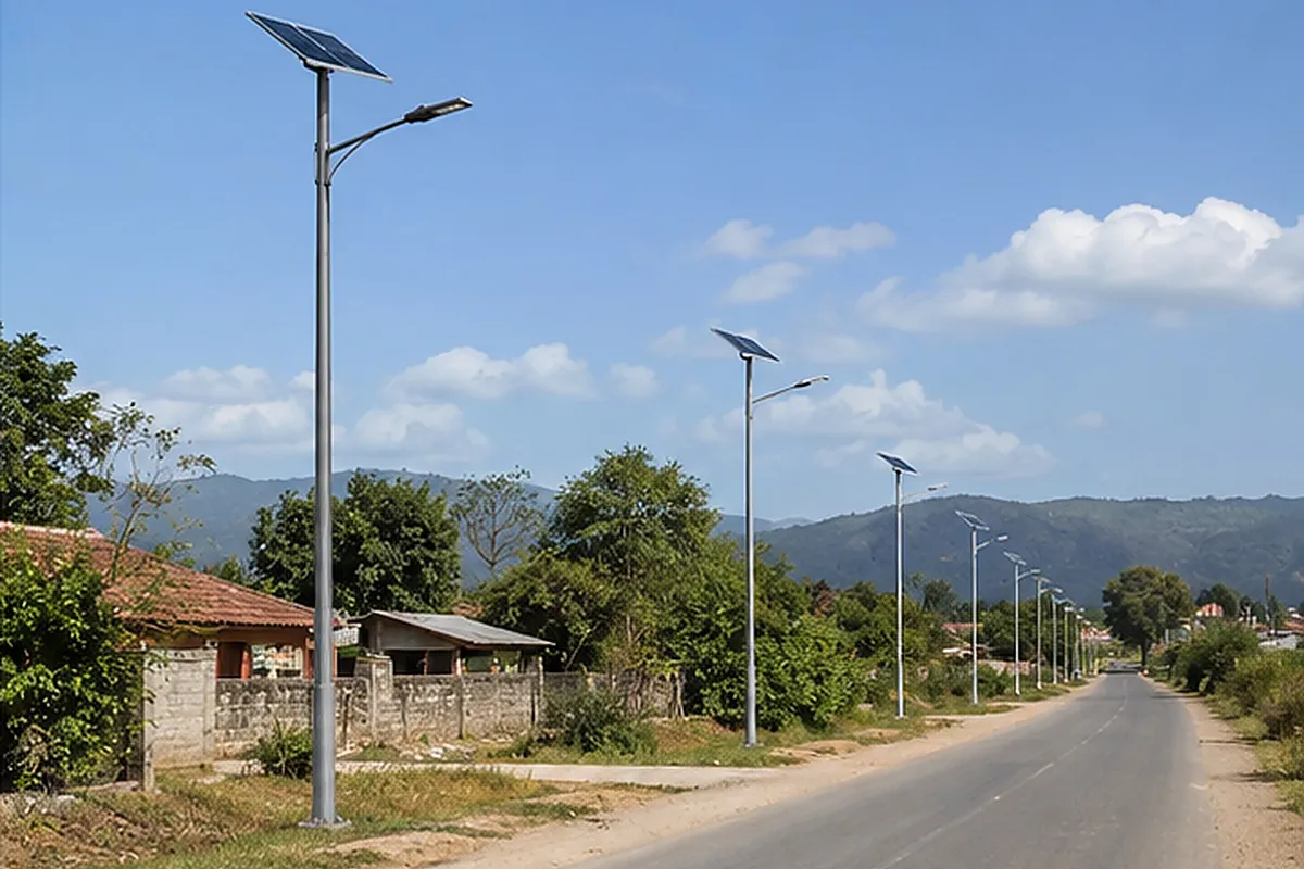Modern municipal solar street lighting along a clean city road
