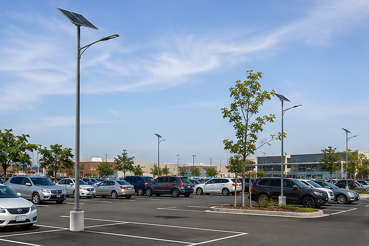 Modern municipal solar street lighting along a clean city road