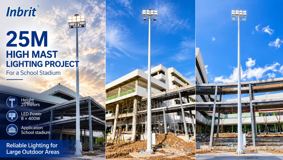 25m high mast lighting system with LED floodlights for a school stadium 25m high mast lighting system with LED floodlights for a school stadium