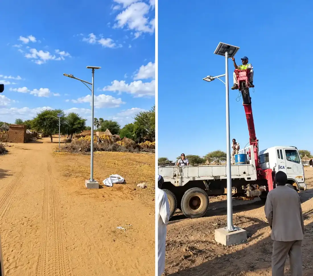 16W all-in-two solar street light installation and completed rural road project in Sudan