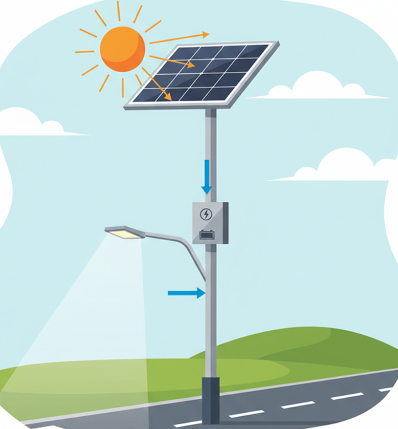 Schematic diagram of solar panels converting sunlight into electricity